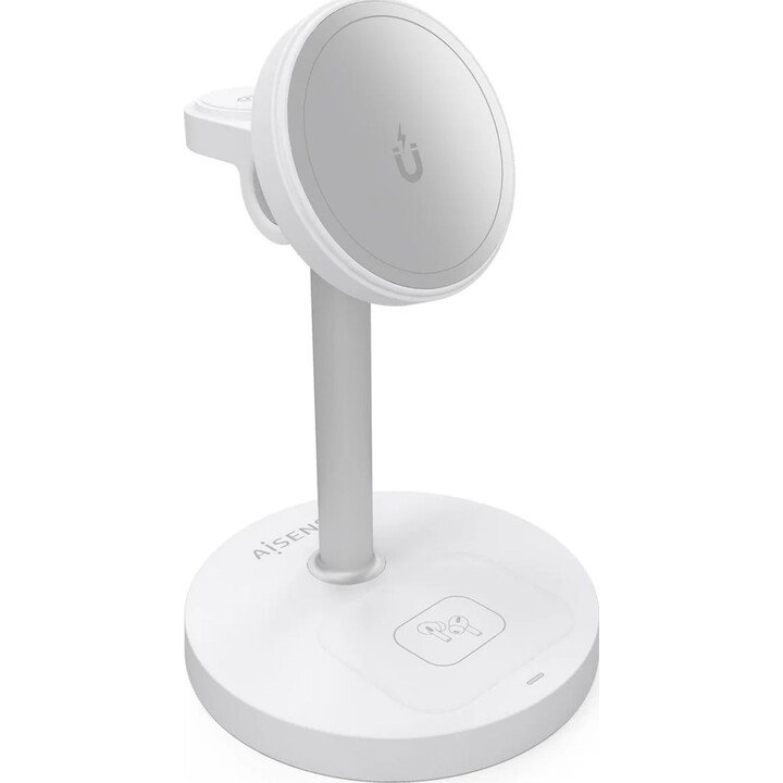 Aisens 15W 3-in-1 USB-C Wireless Charger for Mobile, Apple Watch, Earphones with Charging Case, White