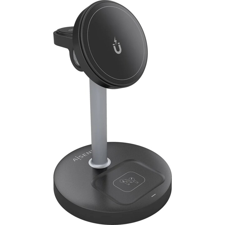 Aisens 15W 3-in-1 USB-C Wireless Charger for Mobile, Apple Watch, Earbuds with Charging Case, Black