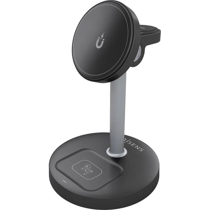 Aisens 15W 3-in-1 USB-C Wireless Charger for Mobile, Apple Watch, Earbuds with Charging Case, Black