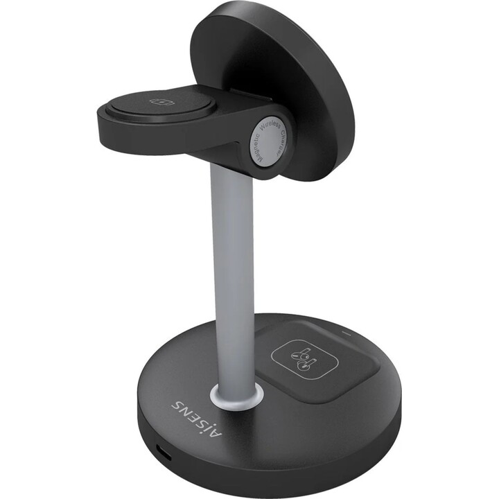 Aisens 15W 3-in-1 USB-C Wireless Charger for Mobile, Apple Watch, Earbuds with Charging Case, Black