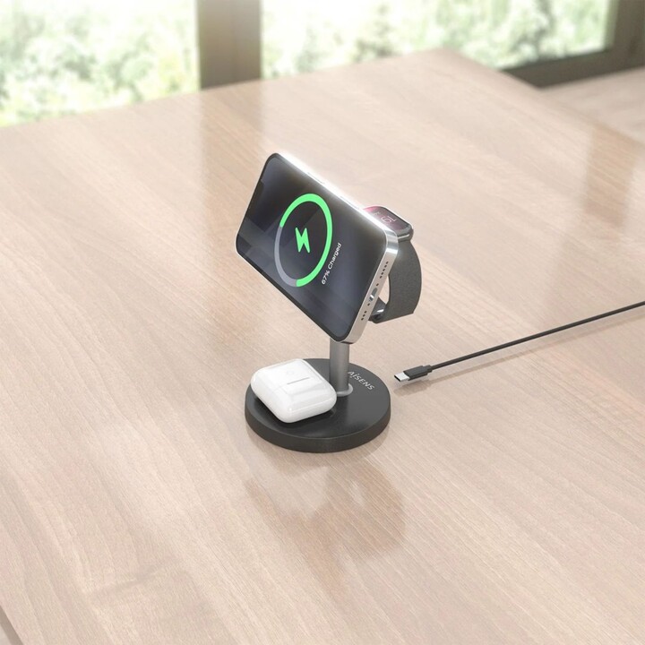 Aisens 15W 3-in-1 USB-C Wireless Charger for Mobile, Apple Watch, Earbuds with Charging Case, Black