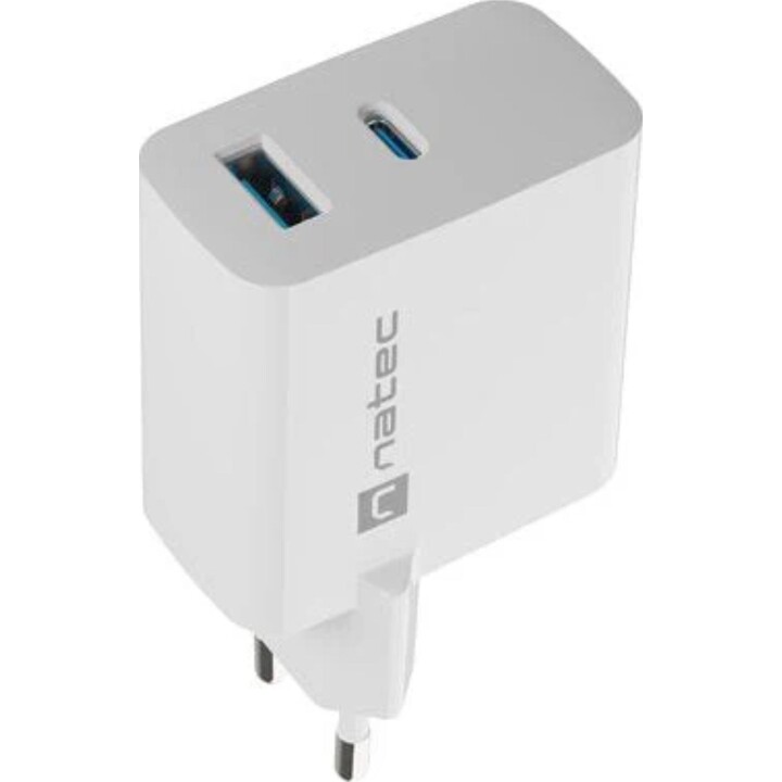Natec Ribera Cargador Gan 45w Pd3.0 Qc3.0 1x USB-A + 1x USB-C Blanco