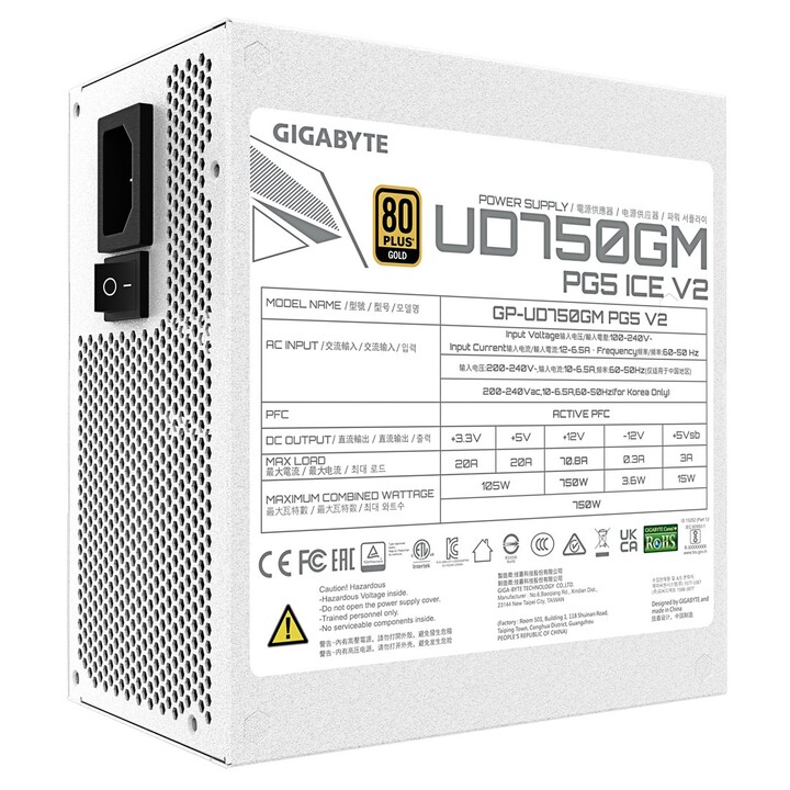 GIGABYTE UD750GM PG5 V2 ICE Power Supply – PCIe Gen 5.1, 80 PLUS Gold, Fully Modular Design, 120mm Fan