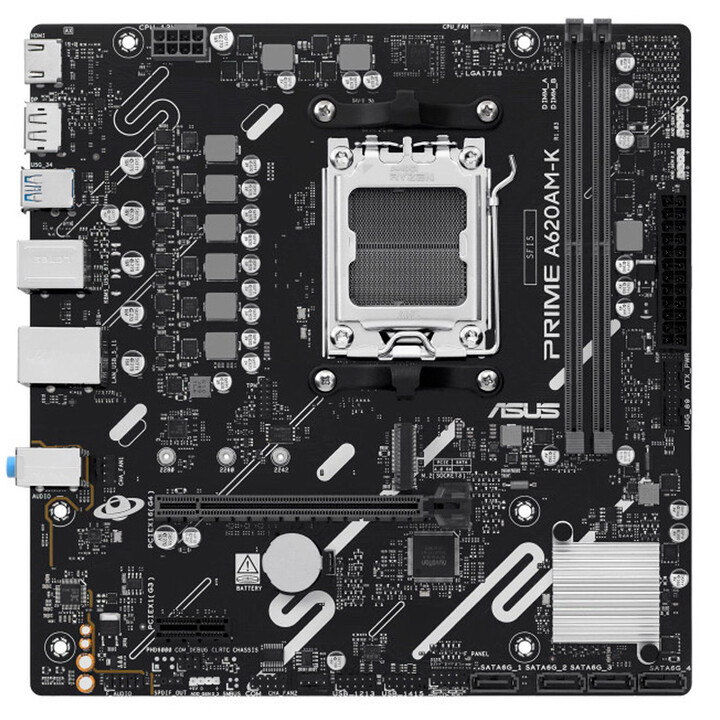 Asus Prime A620am-k-Board, AMD, AM5, A620A, 2 DDR5, 128GB, DP + HDMI, GBLAN, 4 SATA6 + M.2, GBLAN, 5 USB 3.2, Matx