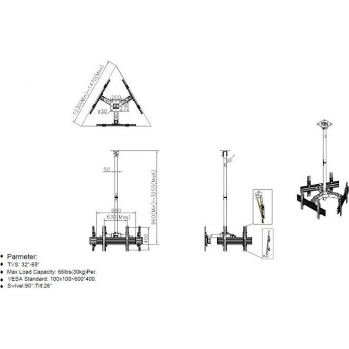 Equip 32"-65" Support de plafond pour 3 écrans, 30 kg chacun, 2 articulations, noir