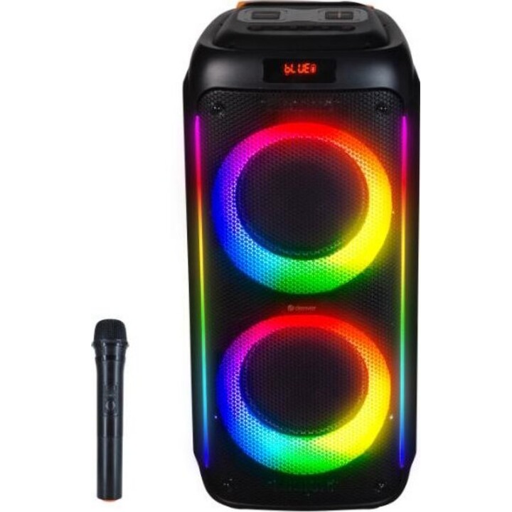 Denver BPS-458 : Enceinte Bluetooth de fête avec éclairage LED et deux haut-parleurs de graves de 10 pouces