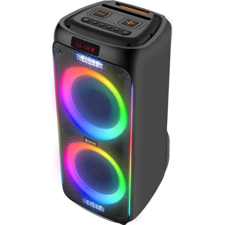 Denver BPS-458 : Enceinte Bluetooth de fête avec éclairage LED et deux haut-parleurs de graves de 10 pouces
