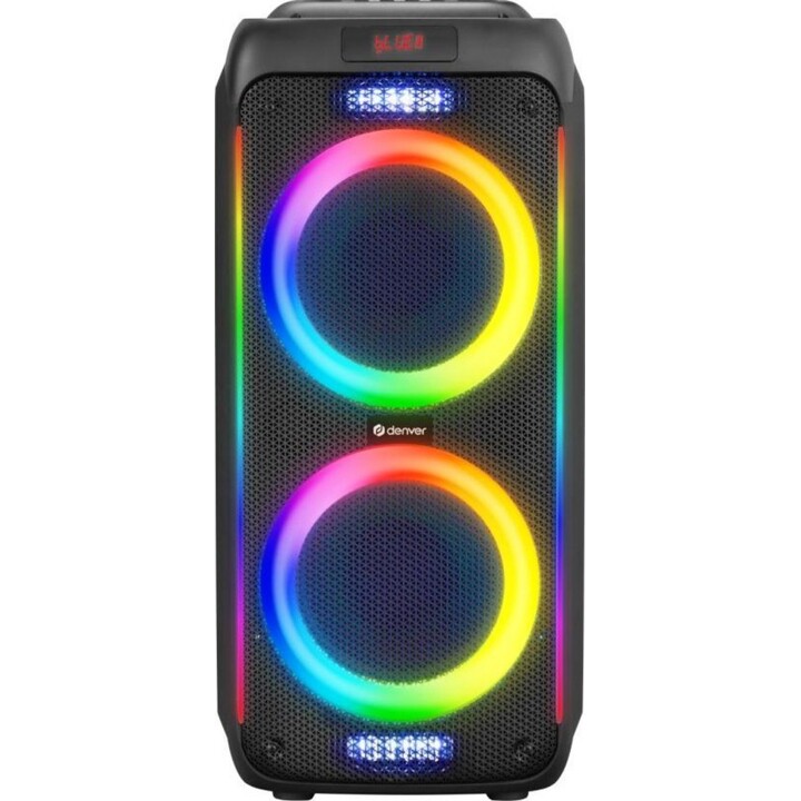 Denver BPS-458 : Enceinte Bluetooth de fête avec éclairage LED et deux haut-parleurs de graves de 10 pouces