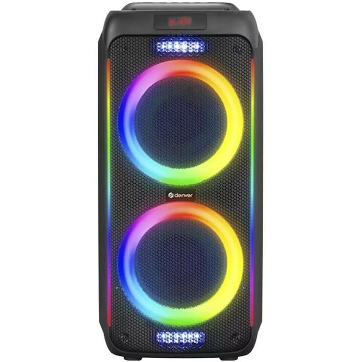 Denver BPS-458 : Enceinte Bluetooth de fête avec éclairage LED et deux haut-parleurs de graves de 10 pouces