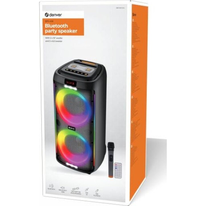 Denver BPS-458 : Enceinte Bluetooth de fête avec éclairage LED et deux haut-parleurs de graves de 10 pouces