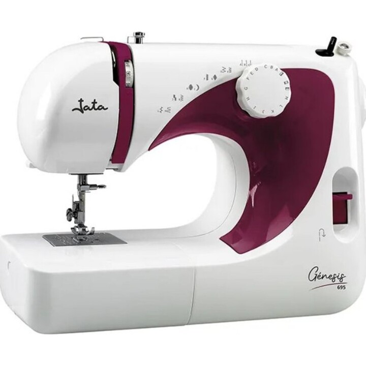 Máquina de costura de agulha dupla portátil Jata com pedal eletrónico 70W, branco e vermelho