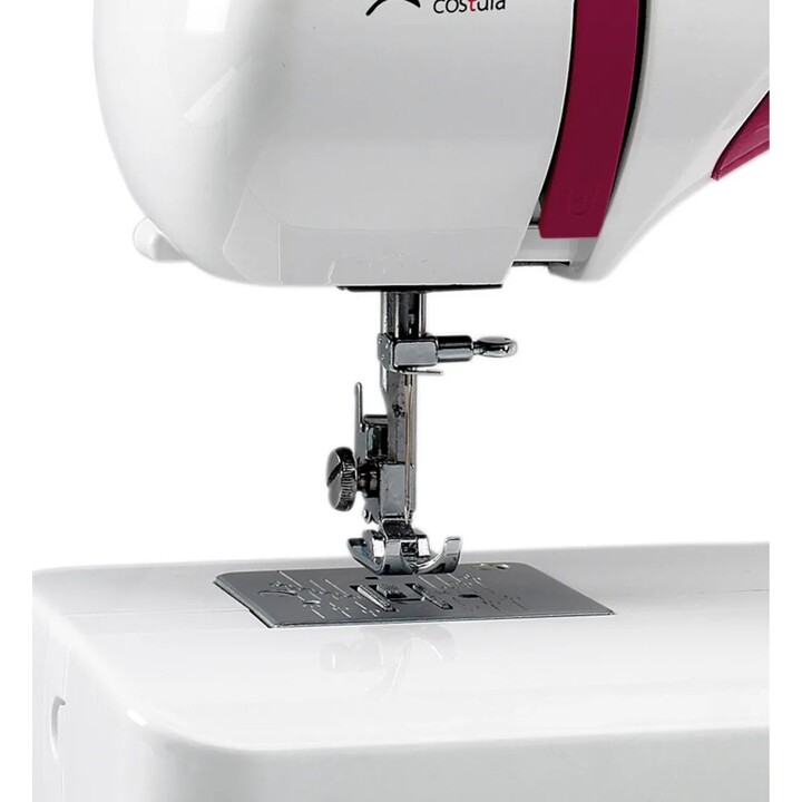 Máquina de costura de agulha dupla portátil Jata com pedal eletrónico 70W, branco e vermelho