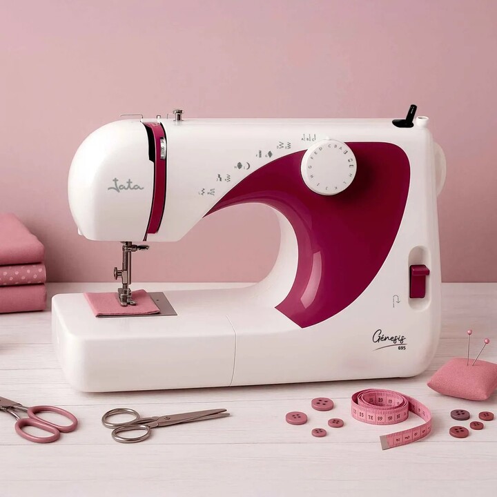 Jata Machine à coudre portable à double aiguille avec pédale électronique 70W, blanc et rouge