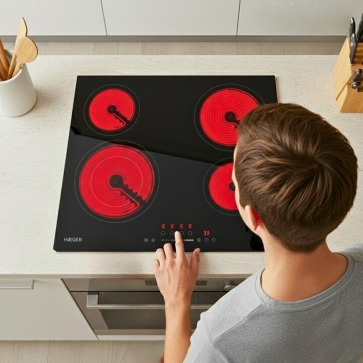 Haeger VH-004.001A, 60 cm built-in ceramic hob with 4 high-performance cooking zones and precise touch control, Black