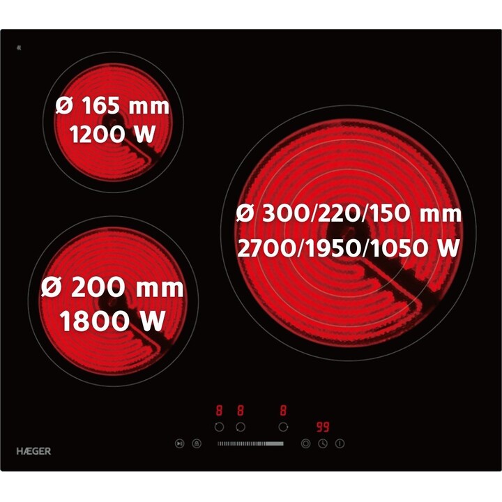 Haeger Vitro Heat VH-003.002A, Placa vitrocerámica de 5700W con 3 zonas potentes y controles táctiles, Negro