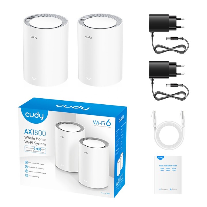Cudy M3000 - Pacote com 2 unidades - Sistema Wi-Fi Mesh (Wi-Fi mesh) Dual band (2,4 GHz / 5 GHz) Wi-Fi 6 (802.11ax) Cinza, Branc