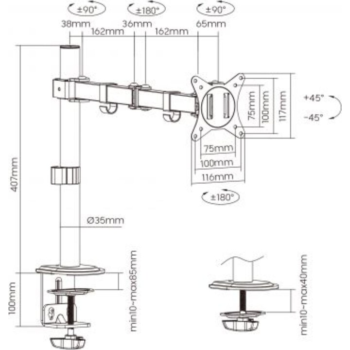 Support pour moniteur de bureau à bras unique Ewent 13-34"