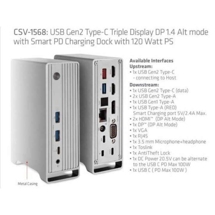 Estación de acoplamiento de accesorios USB-C/red de 120 W Club3D CSV-1568