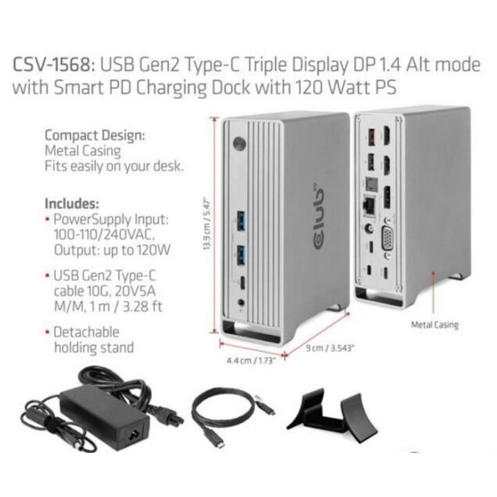 Estación de acoplamiento de accesorios USB-C/red de 120 W Club3D CSV-1568