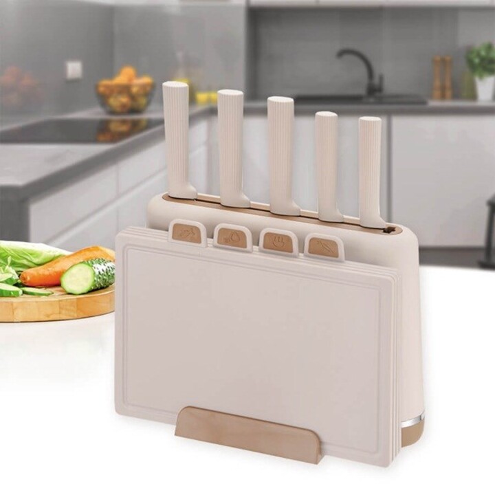 Maestro MR-1412-BEIGE Knife Set with Block + Cutting Board Set Beige