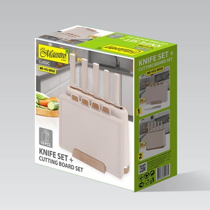 Maestro MR-1412-BEIGE Knife Set with Block + Cutting Board Set Beige
