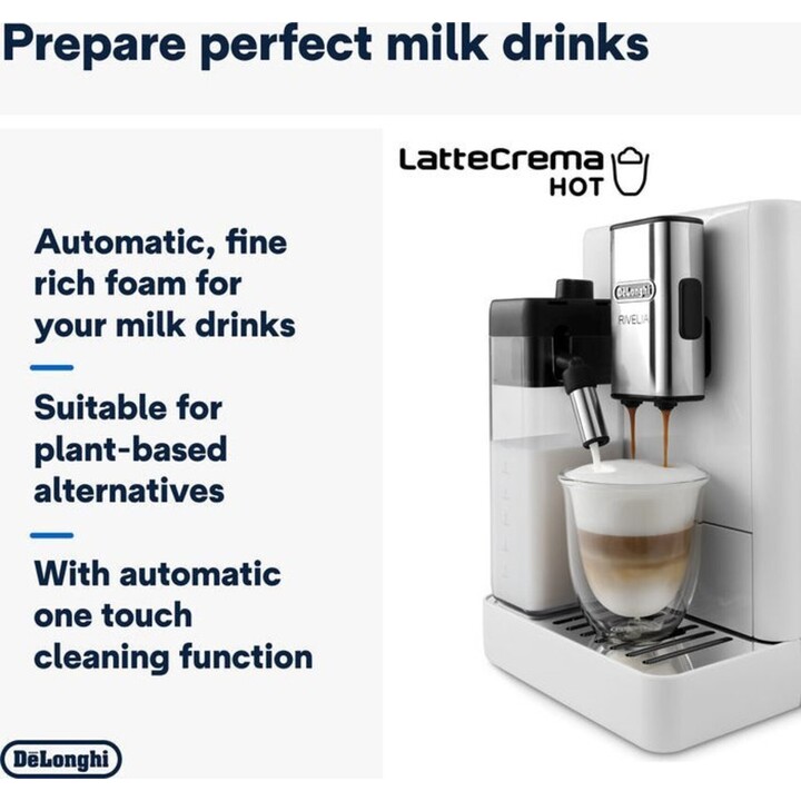 De'Longhi Rivelia EXAM440.55.W, Cafeteira Super Automática com LatteCrema Hot, Batedor de Leite Automático, Tamanho Compacto, 16