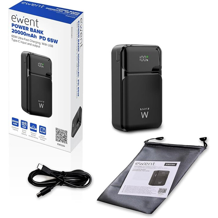 Ewent 65 W 20.000 mAh externer Akku, Schnellladung mit USB-C-Eingang und -Ausgang