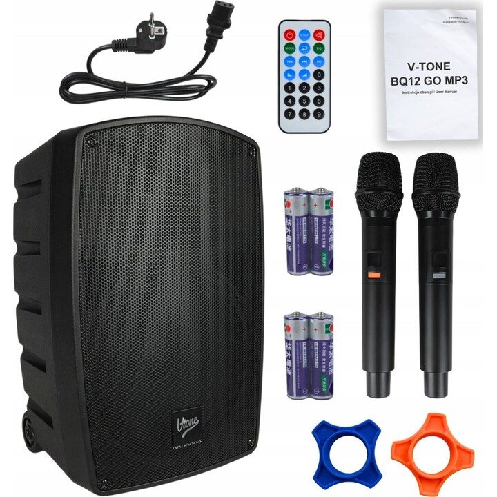 V-TONE BQ12 GO MP3 - Active speaker, rechargeable, black, Bluetooth, TWS, USB, SD, DSP, AUX, infrared remote control, 2x microph
