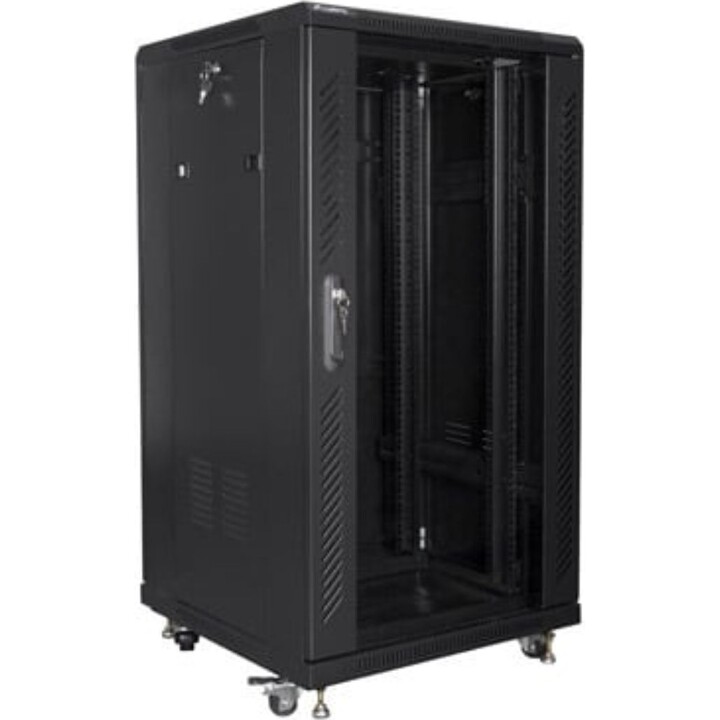 Lanberg FF01-6622-12B Armadio rack indipendente 22U, capacità 800 kg, nero, porte in vetro/acciaio, ventilazione