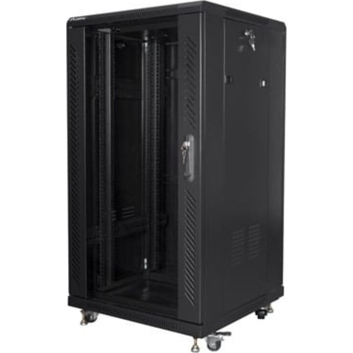 Lanberg FF01-6622-12B Armoire rack autoportante 22U, capacité 800 kg, noir, portes en verre/acier, ventilation