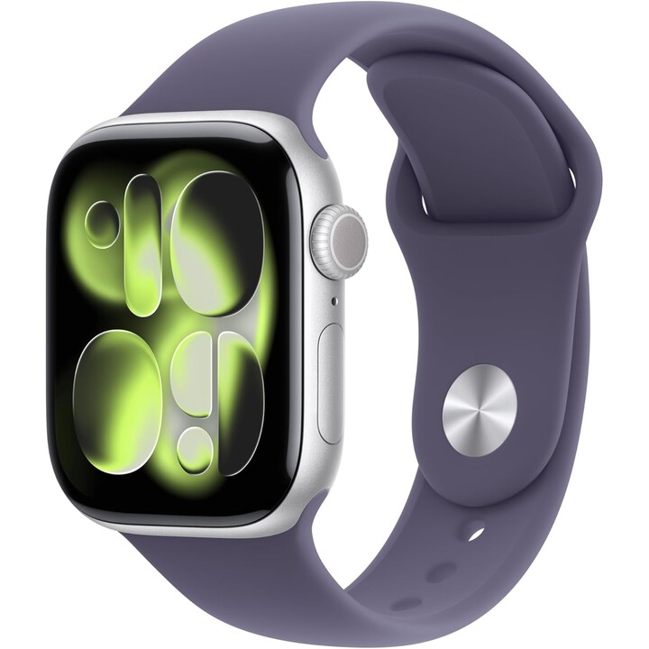 Apple Watch Series 11 GPS Cellular 42mm Boîtier en aluminium argenté avec bracelet sport Lilac Mist S/M