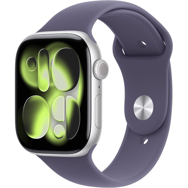 Apple Watch Series 11 GPS Cellular 42mm Boîtier en aluminium argenté avec bracelet sport Lilac Mist M/L