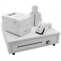 Pacote aproximado appPOSPACK4180WH V2 com gaveta de dinheiro, impressora térmica, leitor de código e bobinas térmicas.