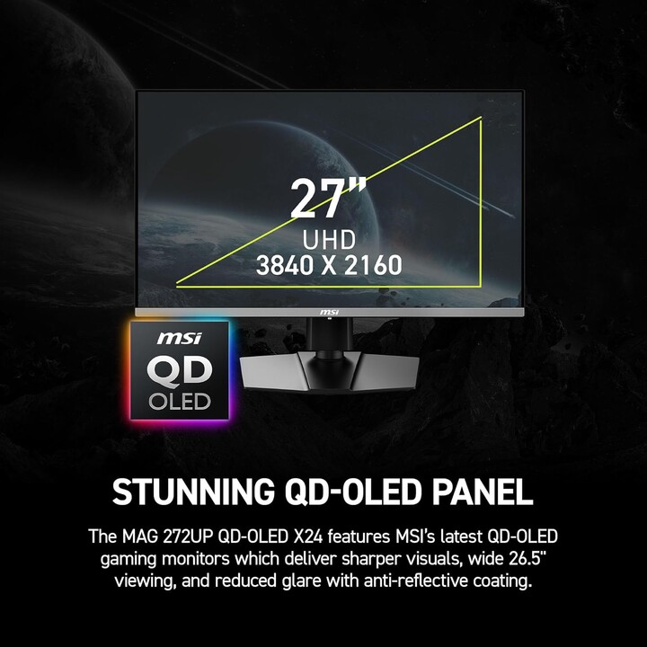 MSI MAG 272UP QD-OLED X24 26,5 pouces 3840 x 2160 (UHD), 240Hz, AMD Adaptive-Sync, HDR Ready, HDMI, port VGA, montage VESA, incl
