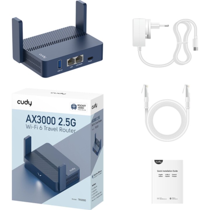 Cudy AX3000 Router de viaje Wi-Fi 6 Gigabit de tamaño bolsillo, puerto Ethernet RJ45 de 2.5 Gbps, azul