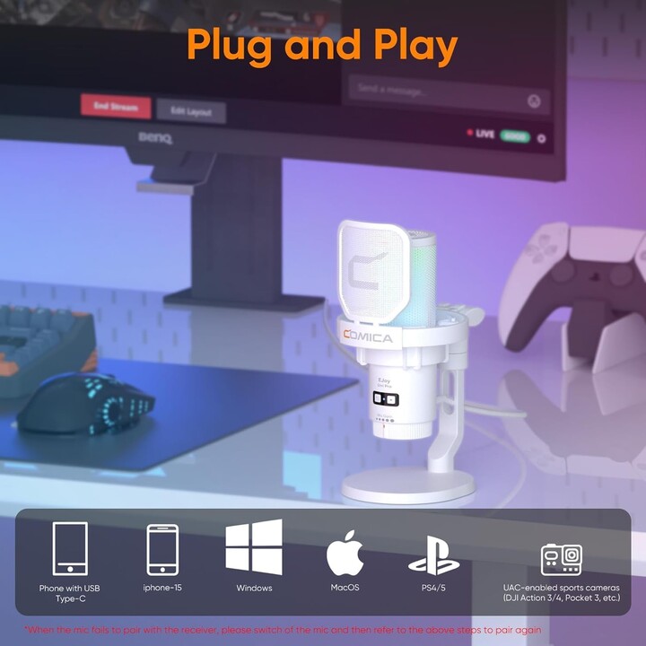 COMICA EJoy Uni Pro(D) Microfono wireless a condensatore cardioide RGB Bianco