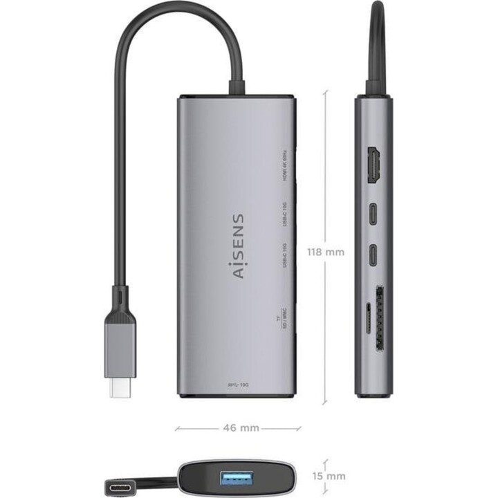 Aisens Docking USB Tipo-C 1xHDMI 4K/ 1xUSB/ 2xUSB Tipo-C/ 1xLector de Tarjetas/ Gris