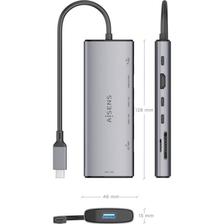 Aisens Usb-C Dock 7 em 1, Usb-C A 1xhdmi, 1xusb-A 10g, 2xusb-C 10g, 1xsd, 1xmicro Sd, 1xusb-C Pd 100w