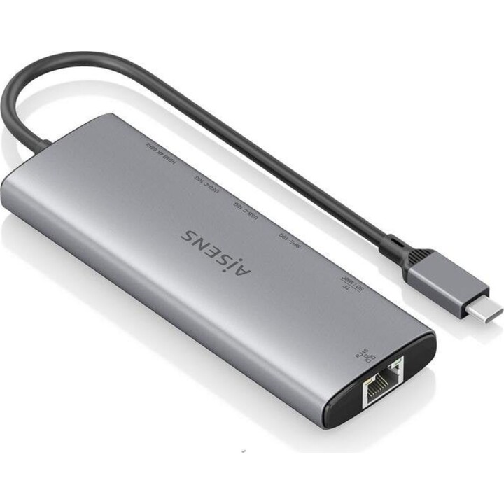 Aisens USB-C Dock ASUC-7P032-GR 7 in 1 HDMI 4K RJ45 USB-A and C SD Reader Gray