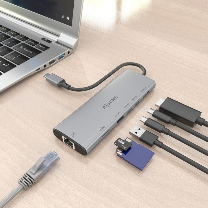 Aisens USB-C Dock ASUC-7P032-GR 7 in 1 HDMI 4K RJ45 USB-A and C SD Reader Gray