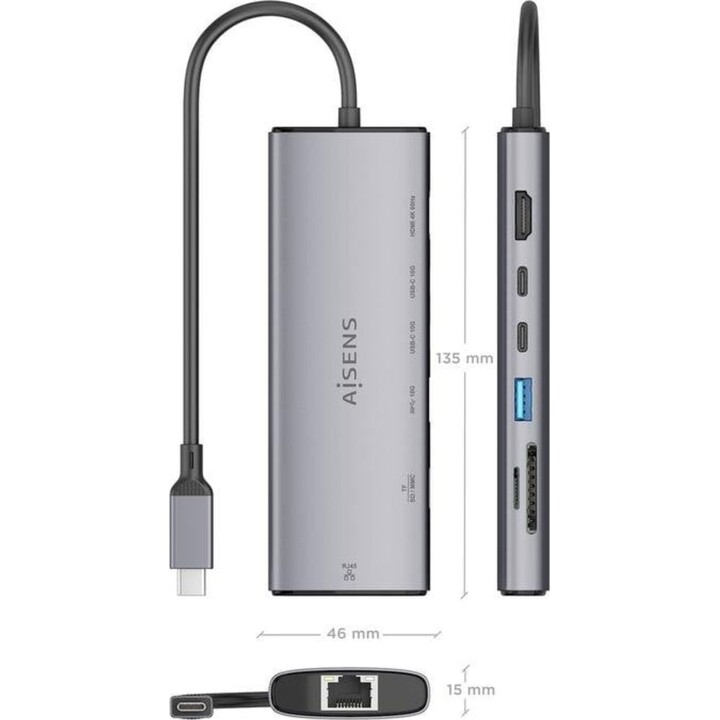 Aisens USB-C Dock ASUC-7P032-GR 7 in 1 HDMI 4K RJ45 USB-A e C Lettore SD Grigio