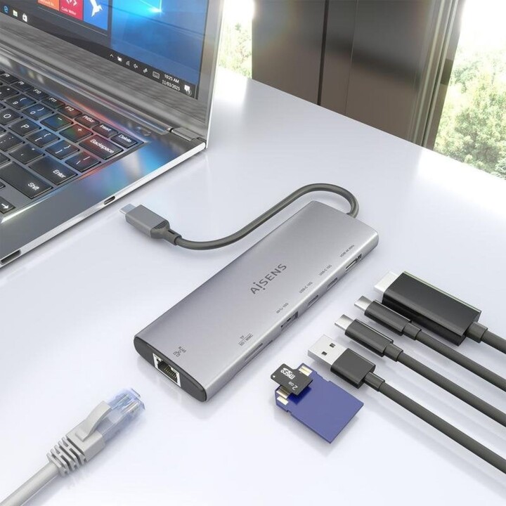 Aisens USB-C Dock ASUC-7P032-GR 7 in 1 HDMI 4K RJ45 USB-A e C Lettore SD Grigio
