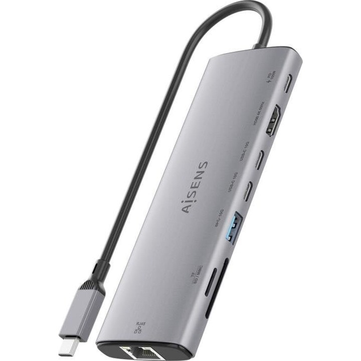 Aisens ASUC-8P033-GR Station d'accueil USB-C 8 en 1, HDMI 4K, RJ45, USB-A, USB-C PD 100W, Aluminium