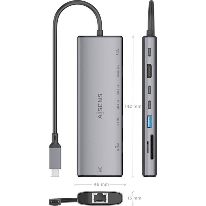 Aisens ASUC-8P033-GR Station d'accueil USB-C 8 en 1, HDMI 4K, RJ45, USB-A, USB-C PD 100W, Aluminium
