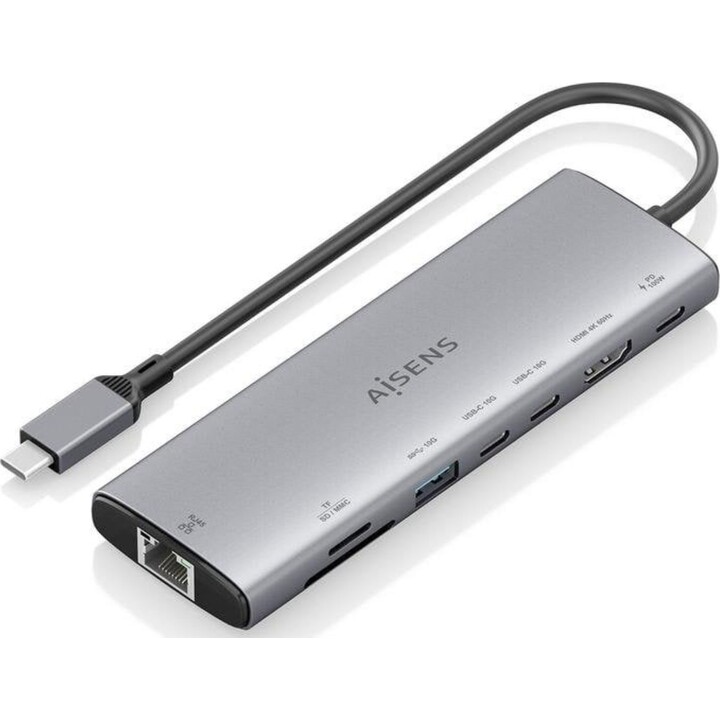 Aisens ASUC-8P033-GR Station d'accueil USB-C 8 en 1, HDMI 4K, RJ45, USB-A, USB-C PD 100W, Aluminium