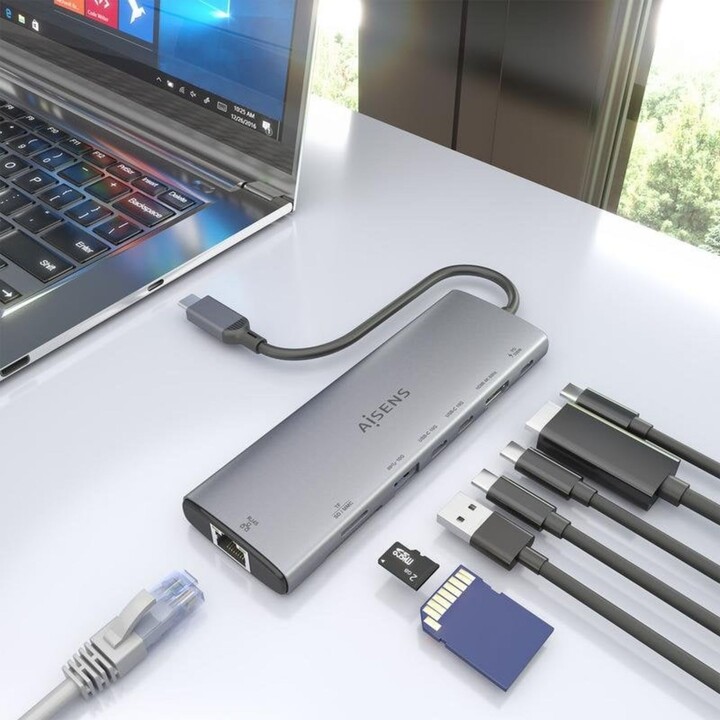 Aisens ASUC-8P033-GR Station d'accueil USB-C 8 en 1, HDMI 4K, RJ45, USB-A, USB-C PD 100W, Aluminium