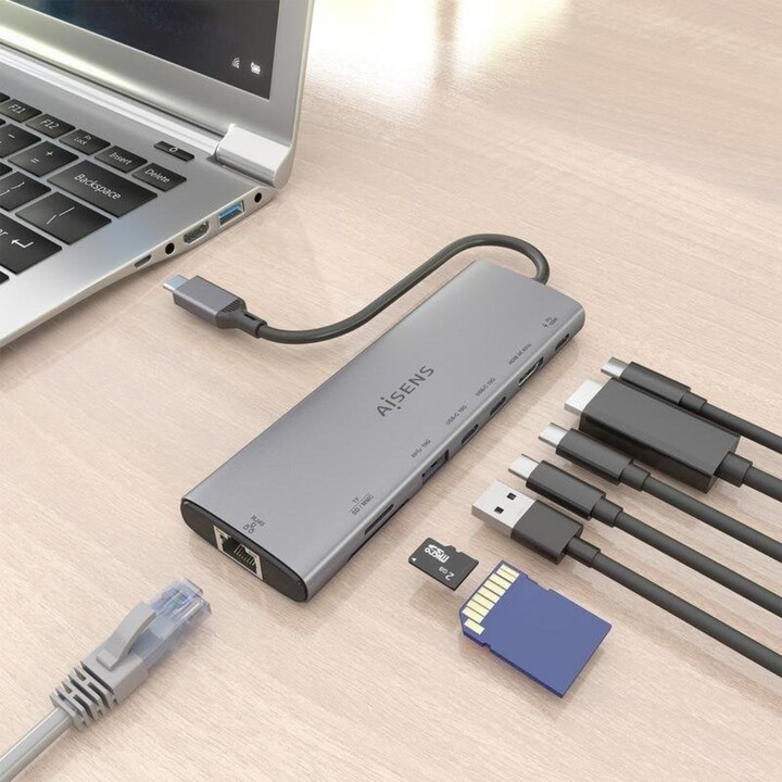 Aisens ASUC-8P033-GR Station d'accueil USB-C 8 en 1, HDMI 4K, RJ45, USB-A, USB-C PD 100W, Aluminium
