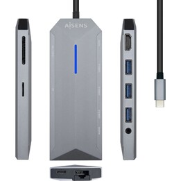 Dock USB-C AISENS ASUC-9P001-GR HDMI 4K/3xUSB 3.0/RJ45 Audio Lector SD Gris