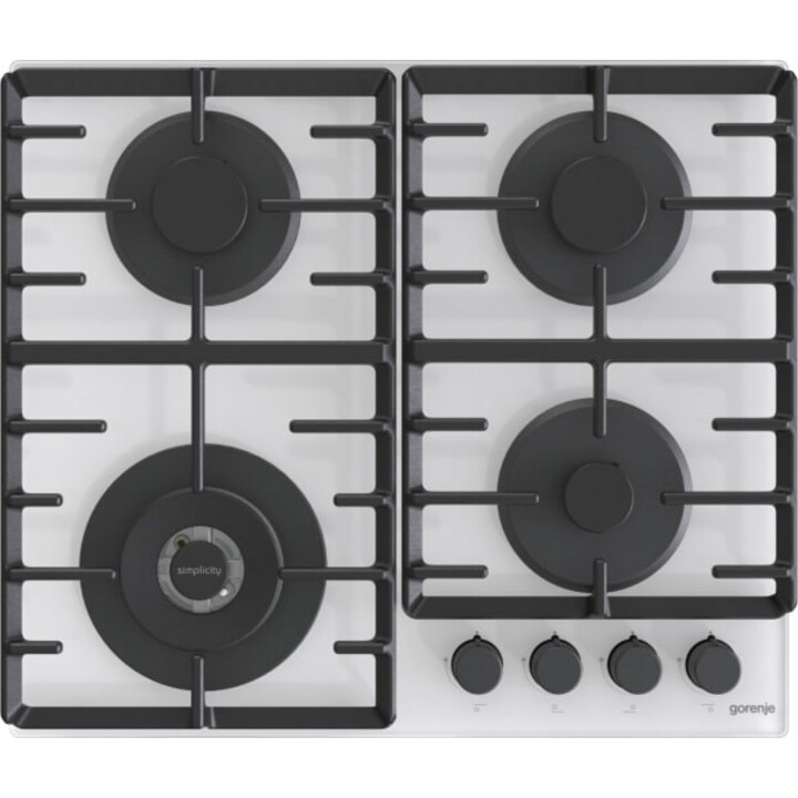 Gorenje GTW642SYW, Hochwiderstandsfähiges Gaskochfeld mit moderner Ästhetik und frontseitiger Präzisionssteuerung, Weiß