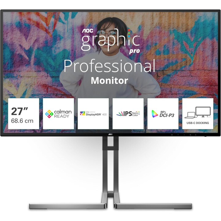 AOC U27U3CV Monitor 27 Pulgadas UHD, 60Hz, Nano IPS, 4 ms GtG, Adaptive Sync., VESA HDR400, Altura Ajustable